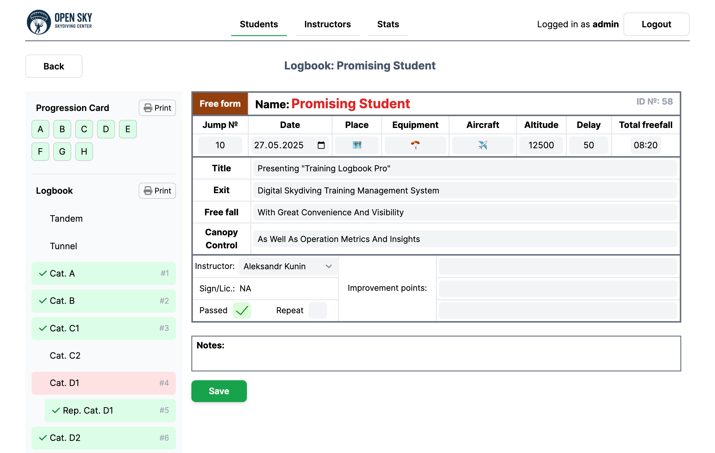 Training Logbook Pro Interface